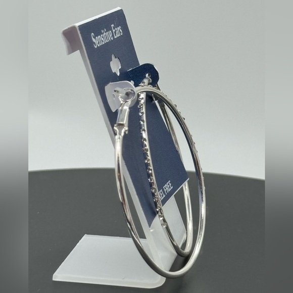 Sensitive Ears Silver Hoop Earrings With CZ Accents 2.5 inch - Picture 2 of 5